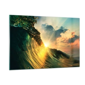 Impression sur verre - Image sur verre - Le soleil couchant illuminant les vagues de l'océan - 120x80cm - Surfeur, où es-tu ? - Décoration murale moderne pour le salon et la chambre ARTTOR