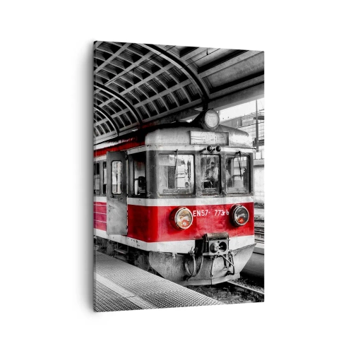 Impression sur toile - Image sur toile - Train rouge à la gare sous un toit - 50x70cm - C'est peut-être le voyage de votre vie ? - Décoration murale moderne pour le salon et la chambre ARTTOR