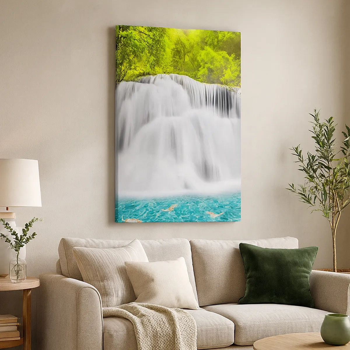 Impression sur toile - Image sur toile - Une cascade dans une forêt tropicale avec de l'eau turquoise - 50x70cm - Une cascade mousseuse du vert à l'azur - Décoration murale moderne pour le salon et la chambre ARTTOR