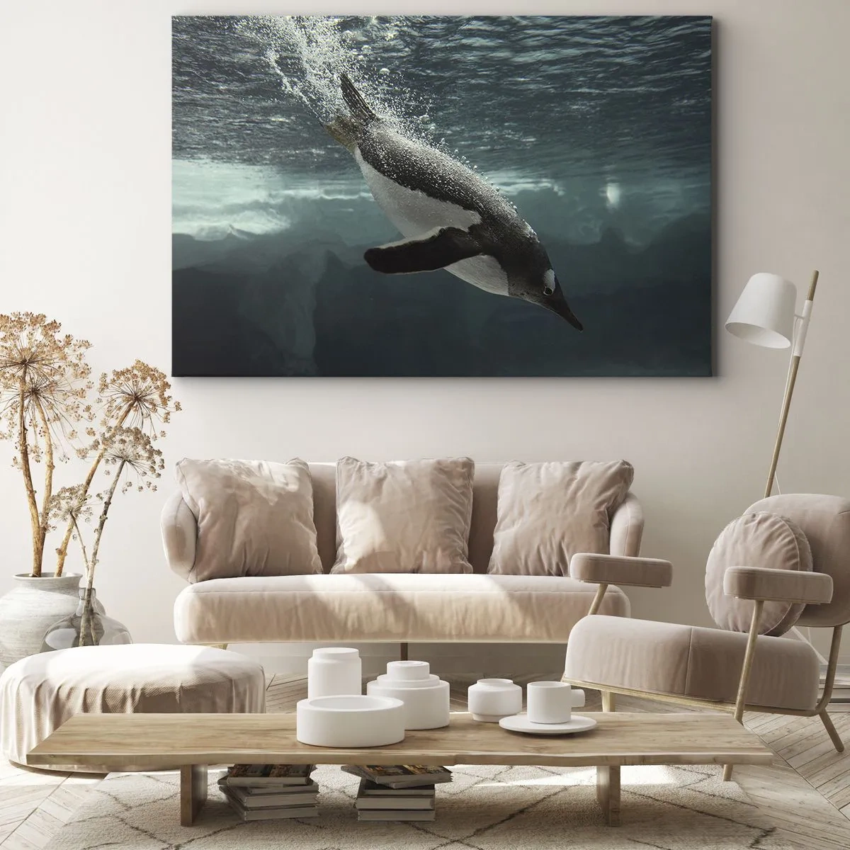 Impression sur toile - Image sur toile - Un pingouin plongeant dans les profondeurs de l'eau glacée - 100x70cm - Bienvenue dans mon monde - Décoration murale moderne pour le salon et la chambre ARTTOR