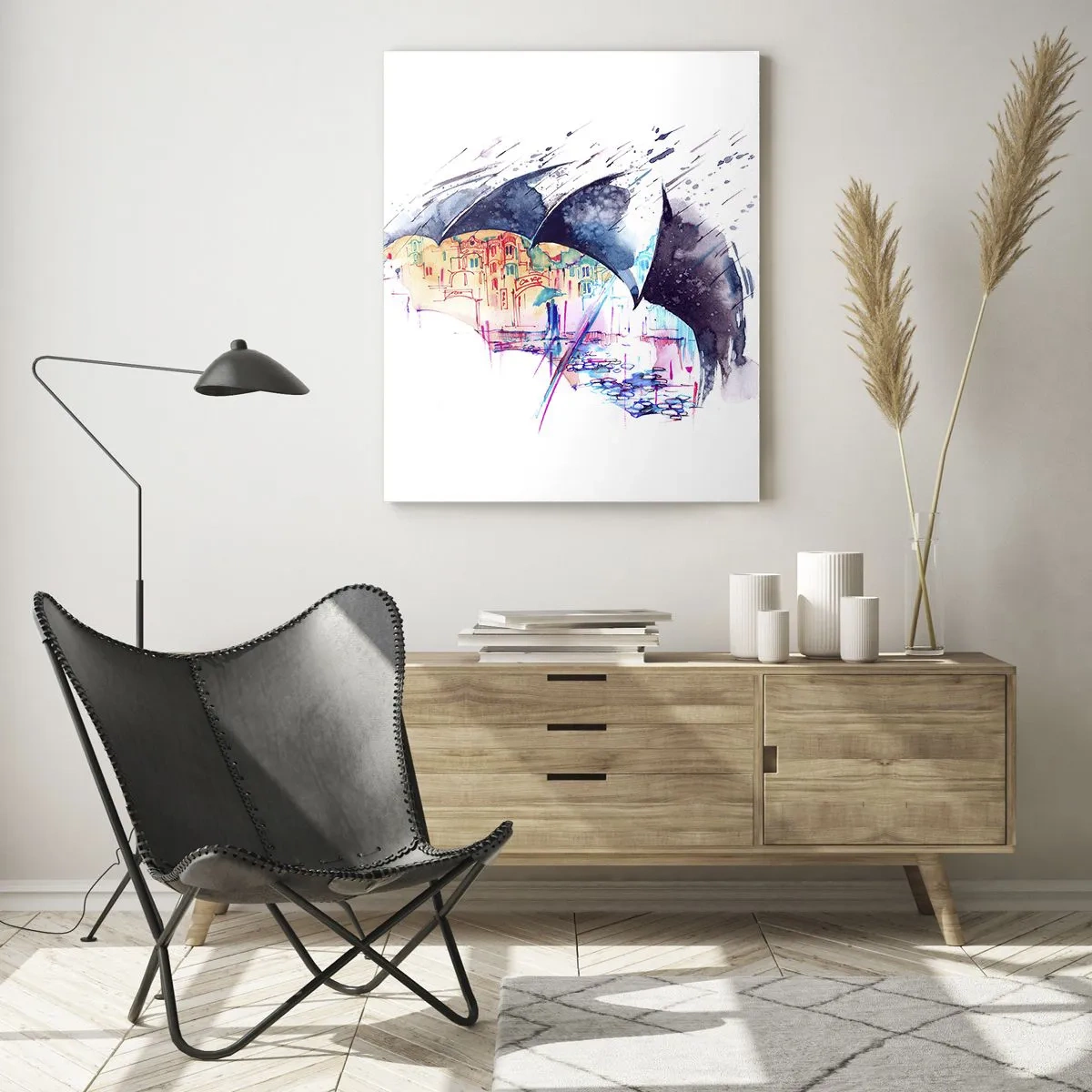 Impression sur verre - Image sur verre - Une ville colorée cachée sous des parapluies abstraits - 80x120cm - Se promener sous la pluie - Décoration murale moderne pour le salon et la chambre ARTTOR