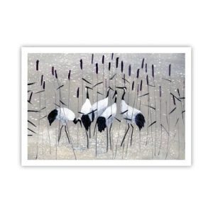 Affiche - Poster - Hérons dans l'herbe sur un fond paisible - 100x70cm - Parmi les siens - Décoration murale moderne pour le salon et la chambre ARTTOR