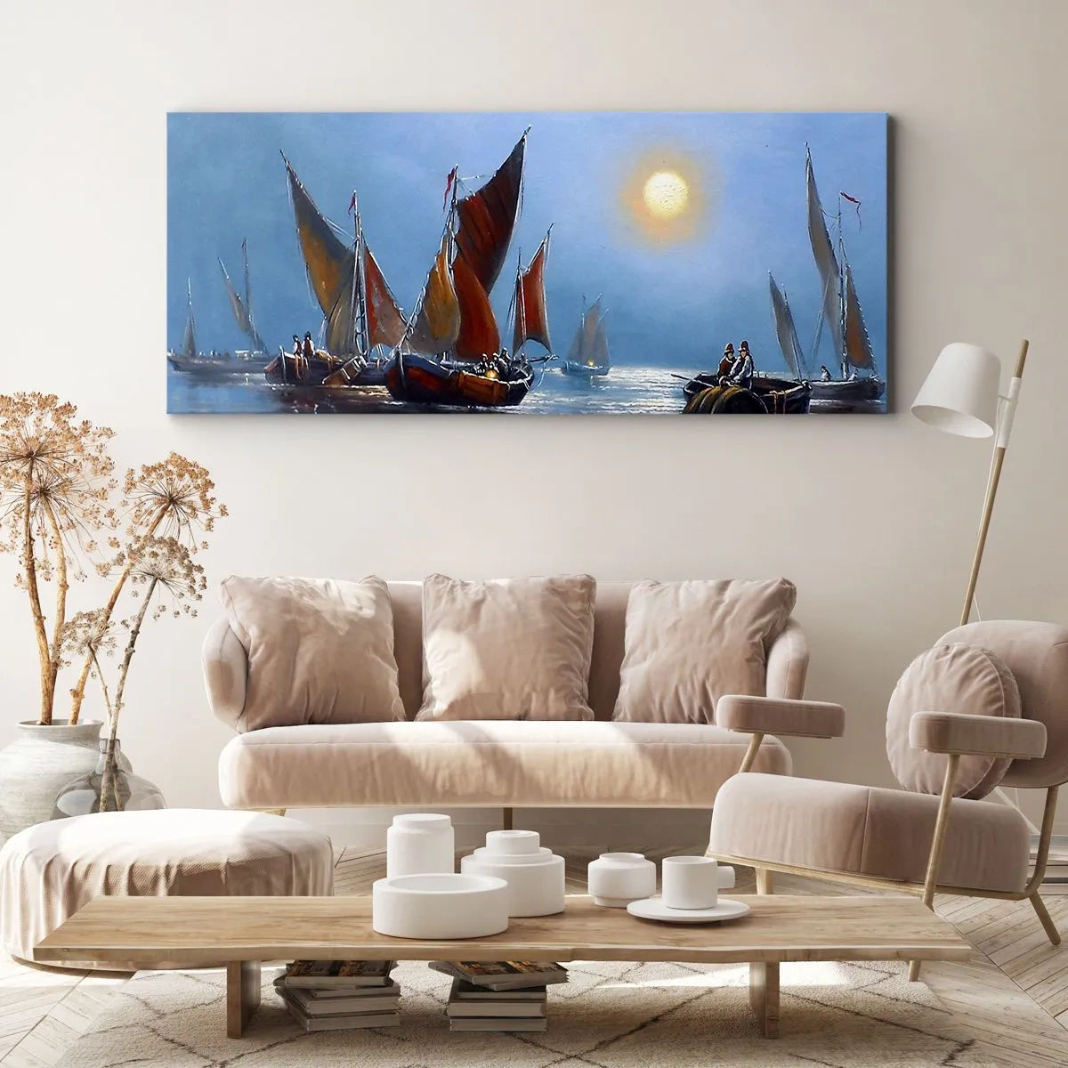 Impression sur toile - Image sur toile - Bateaux à voiles sur une eau calme au coucher du soleil - 160x50cm - Pêche de nuit - Décoration murale moderne pour le salon et la chambre ARTTOR