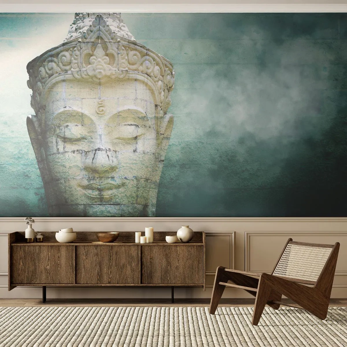 Papier Peint Photo Premium Sand - Sculpture en pierre d'un Bouddha en méditation - 100x70cm - A la recherche de la lumière - Décoration murale moderne pour le salon et la chambre ARTTOR