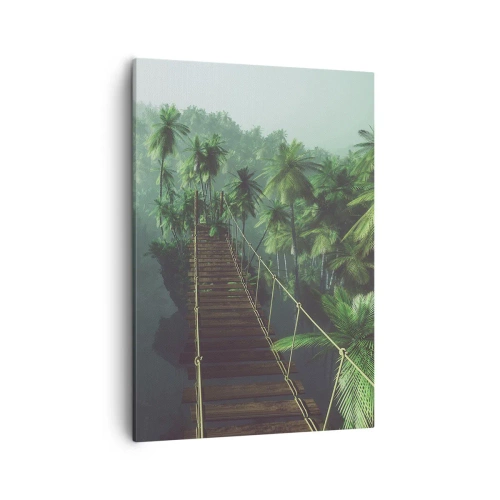 Impression sur toile - Image sur toile - Un pont suspendu dans une forêt tropicale entourée de brouillard. - 50x70cm - Au fil de la verdure - Décoration murale moderne pour le salon et la chambre ARTTOR