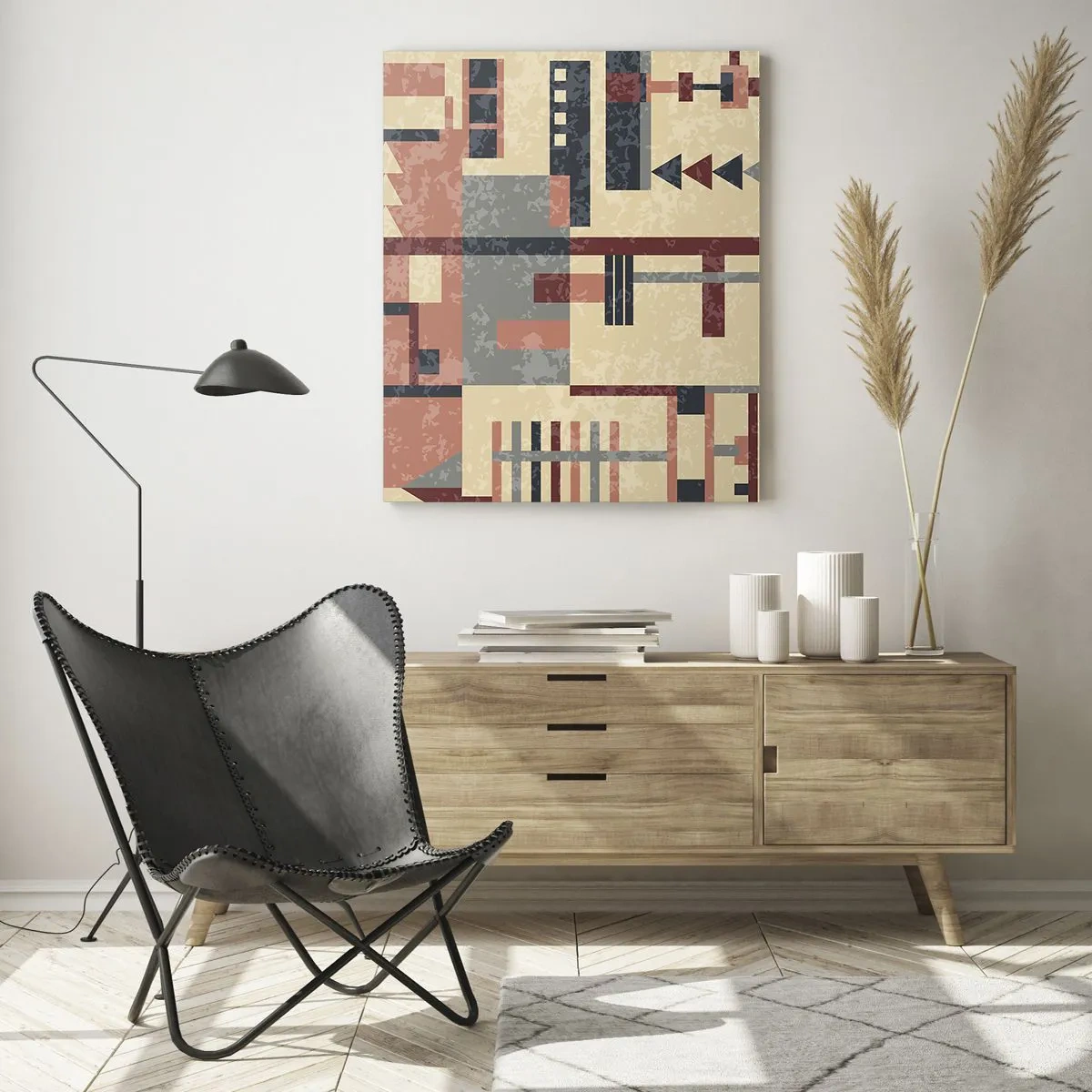 Impression sur verre - Image sur verre - Motif géométrique abstrait dans les tons beige et rouge - 50x70cm - Une combinaison de verticaux et d'horizontaux - Décoration murale moderne pour le salon et la chambre ARTTOR