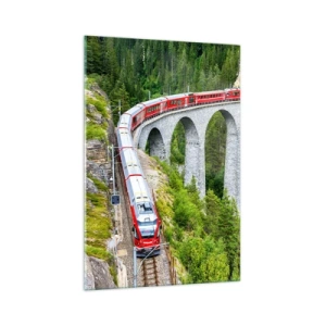 Impression sur verre - Image sur verre - Un train sur un viaduc pittoresque dans un paysage montagneux - 70x100cm - Chemin de fer avec vue sur la montagne - Décoration murale moderne pour le salon et la chambre ARTTOR