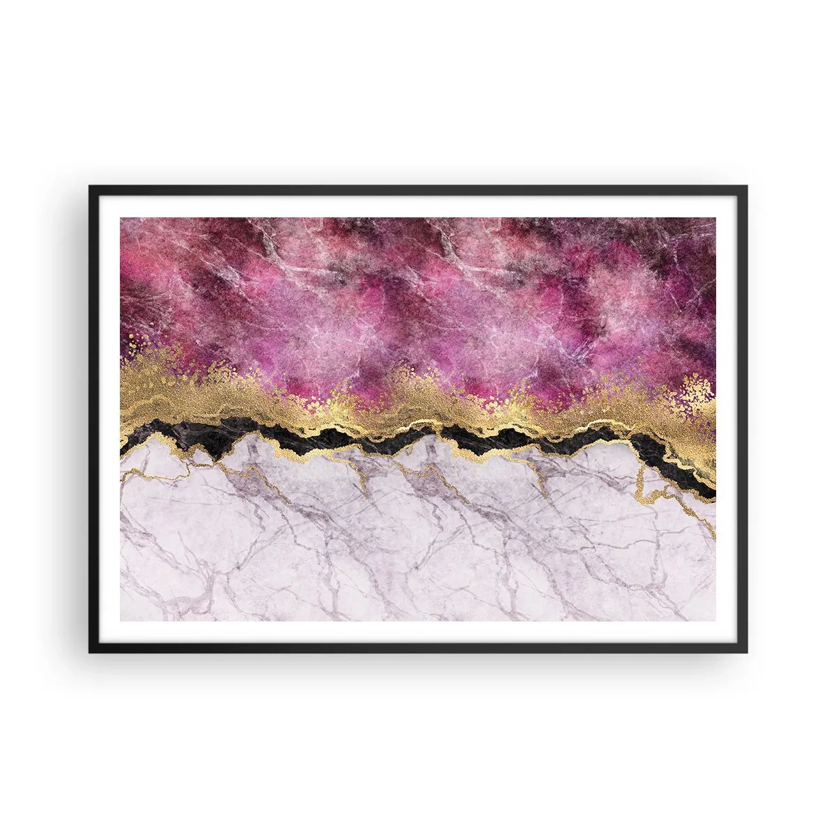 Affiche dans un cadre noir - Poster - Marbre abstrait dans des tons de rose avec des accents dorés - 100x70cm - À la frontière - Décoration murale moderne pour le salon et la chambre ARTTOR