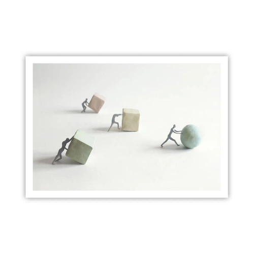 Affiche - Poster - Figurines miniatures poussant des formes sur un fond clair - 100x70cm - Rien que la vie - Décoration murale moderne pour le salon et la chambre ARTTOR