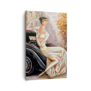 Impression sur toile - Image sur toile - Femme rétro à côté d'une voiture classique - 80x120cm - L'élégance dans un style rétro - Décoration murale moderne pour le salon et la chambre ARTTOR