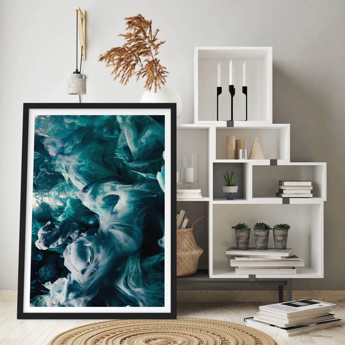 Affiche dans un cadre noir - Poster - Une composition abstraite de couleurs tourbillonnantes dans des tons de vert et de bleu. - 50x70cm - Mouvement des couleurs - Décoration murale moderne pour le salon et la chambre ARTTOR