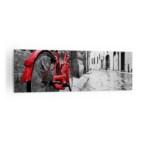 Impression sur toile - Image sur toile - Vélo rouge dans une rue en noir et blanc - 160x50cm - La vraie beauté ne vieillit pas - Décoration murale moderne pour le salon et la chambre ARTTOR