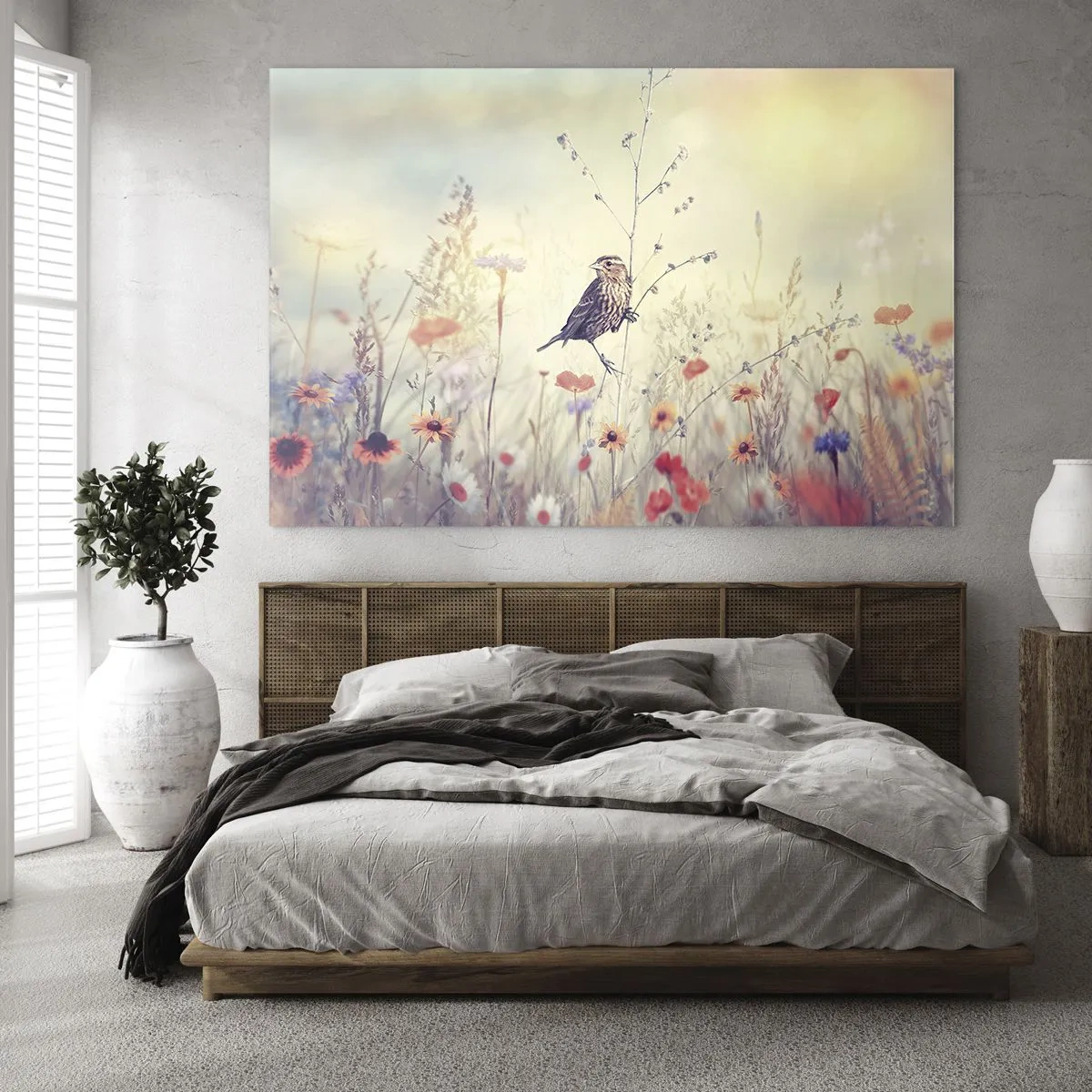 Impression sur verre - Image sur verre - Un oiseau dans une prairie fleurie au soleil - 100x70cm - Portrait d'oiseau sur pré en fond - Décoration murale moderne pour le salon et la chambre ARTTOR