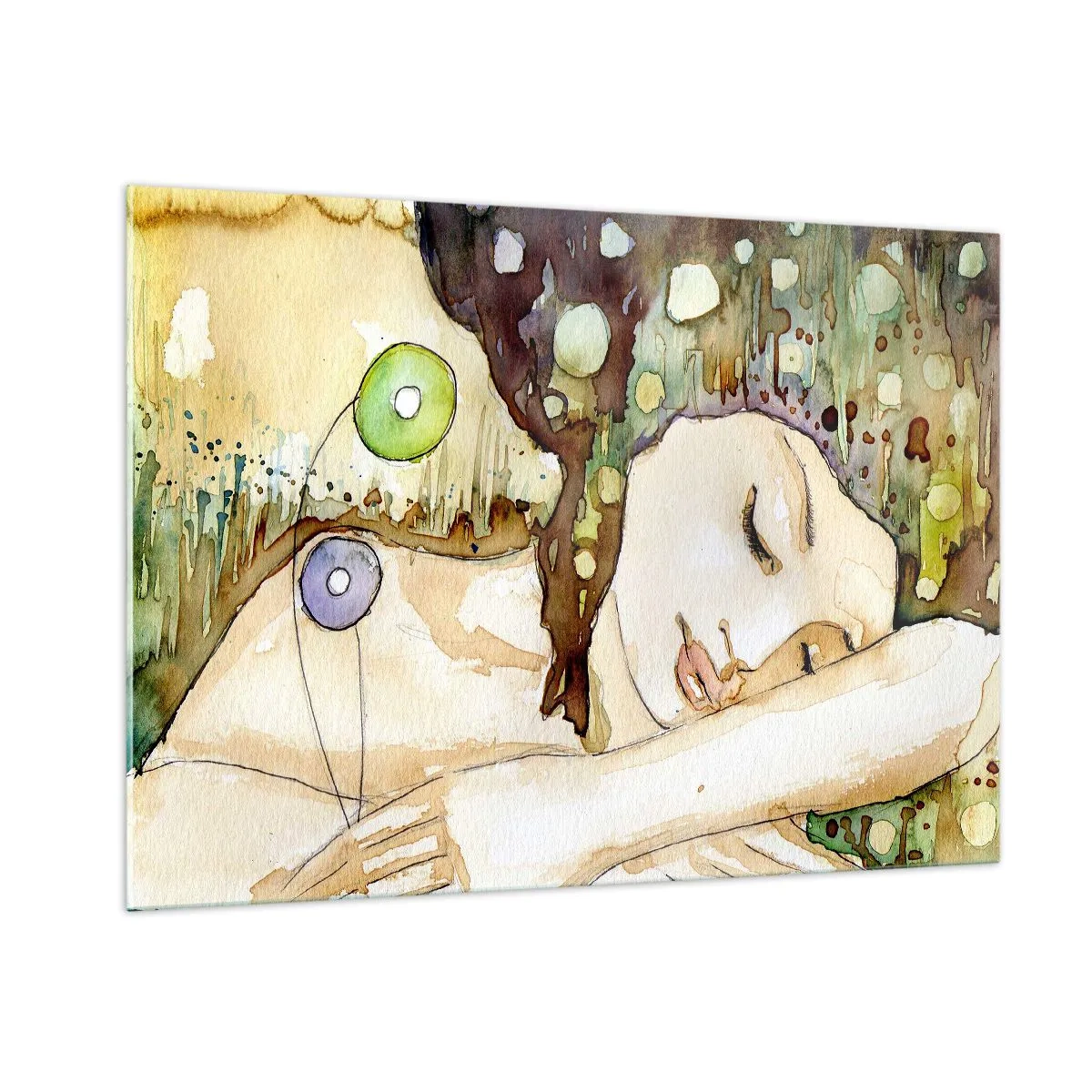Impression sur verre - Image sur verre - Une femme endormie dans une aquarelle artistique aux couleurs chaudes. - 100x70cm - Un rêve violet émeraude - Décoration murale moderne pour le salon et la chambre ARTTOR