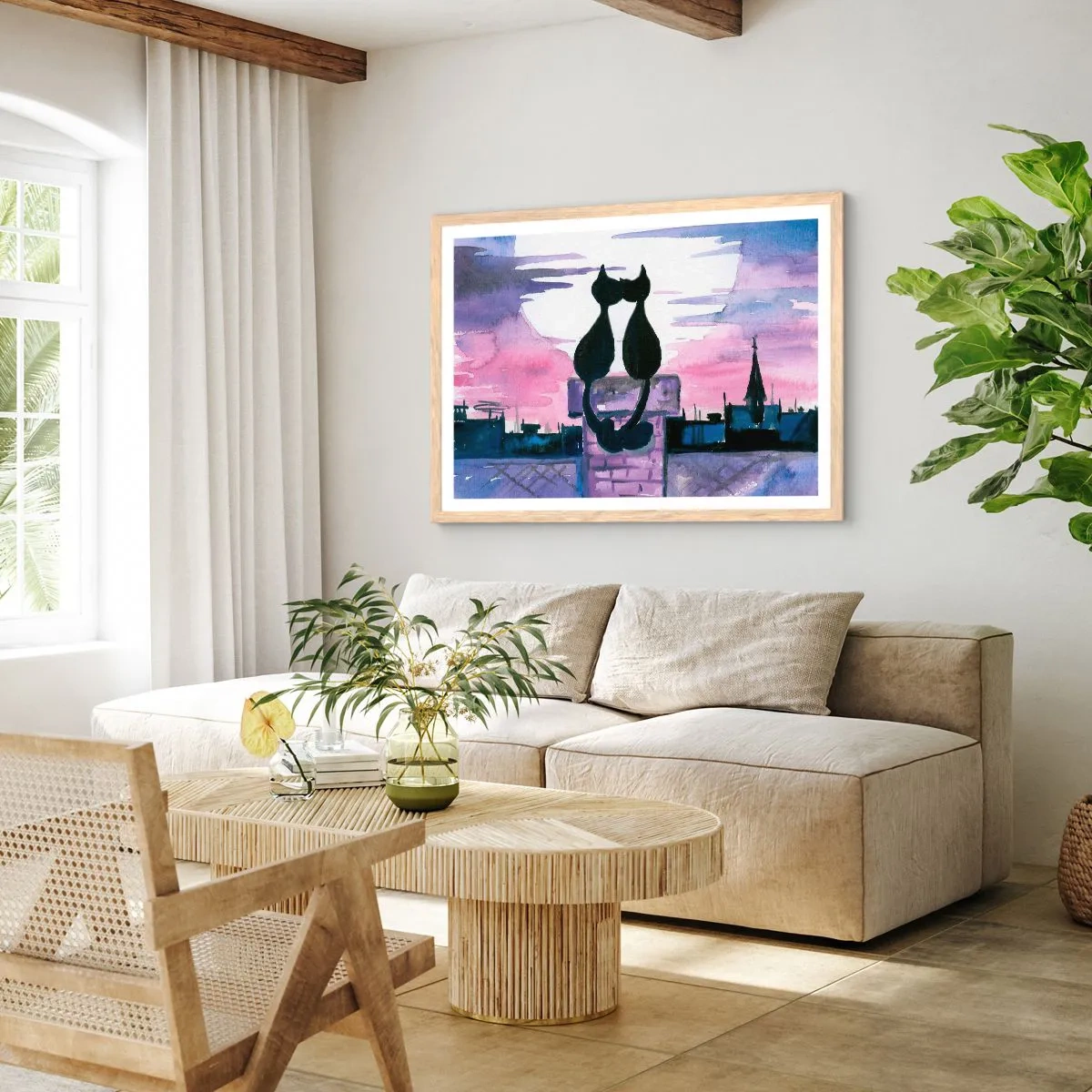 Affiche dans un chêne clair - Poster - Rendez-vous sous la lune - 100x70 cm