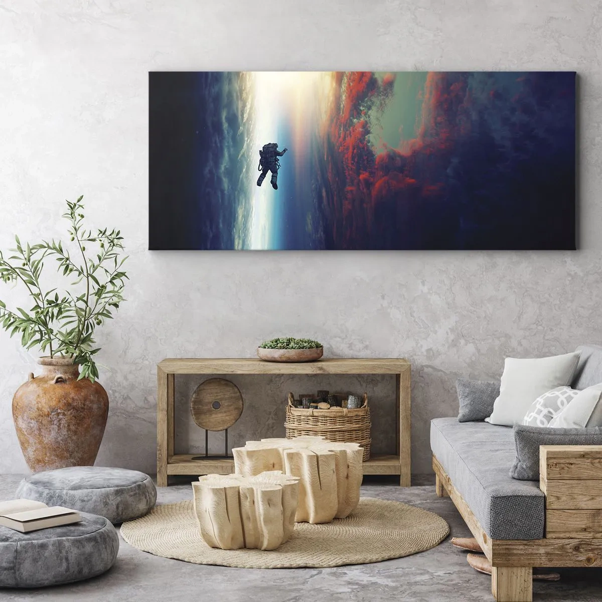 Impression sur toile - Image sur toile - Un astronaute flottant dans l'espace au-dessus d'une Terre colorée - 140x50cm - Affronter l'univers - Décoration murale moderne pour le salon et la chambre ARTTOR