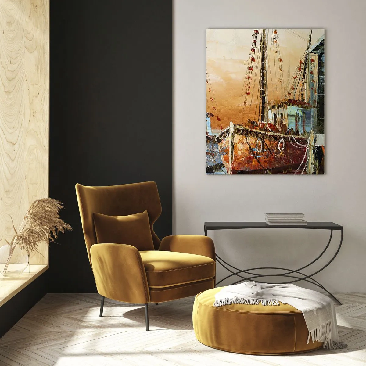 Impression sur verre - Image sur verre - Bateaux sur le rivage dans la chaude lumière du coucher de soleil - 80x120cm - Retour tranquille - Décoration murale moderne pour le salon et la chambre ARTTOR