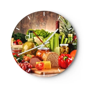 Horloge murale - Pendule murale - Divers produits alimentaires sur fond de bois - 30x30cm - Fumé, cuit au four et mariné - Décoration murale moderne pour le salon, la cuisine et la chambre ARTTOR