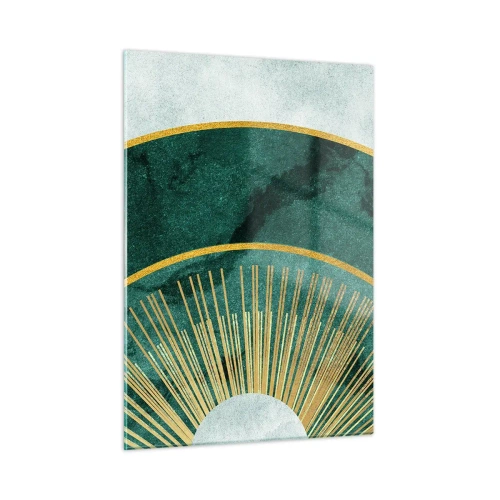 Impression sur verre - Image sur verre - Rayons dorés sur fond de demi-cercles verts avec une structure en marbre - 50x70cm - Un autre système solaire - Décoration murale moderne pour le salon et la chambre ARTTOR
