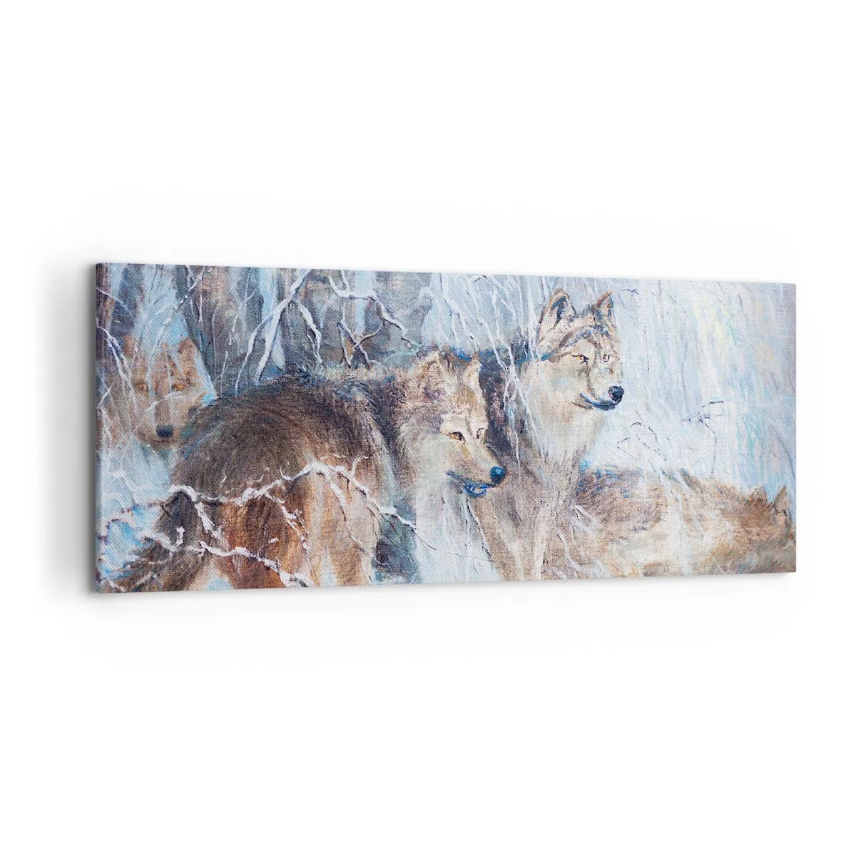 Impression sur toile - Image sur toile - Loups dans une forêt hivernale sur fond de neige - 120x50cm - Attention! Ca arrive ... - Décoration murale moderne pour le salon et la chambre ARTTOR