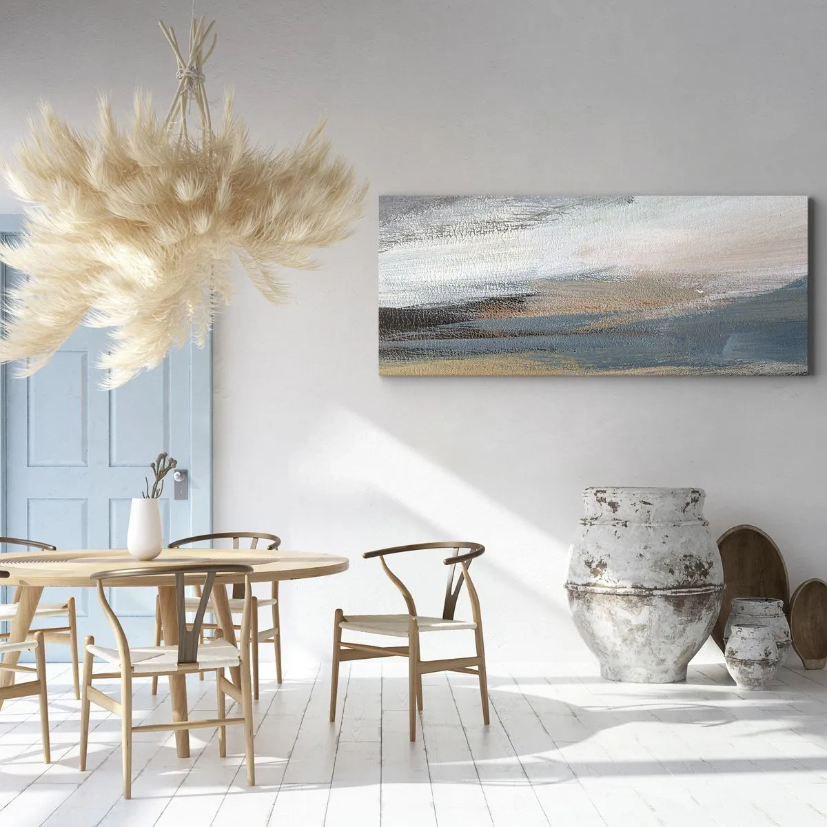 Impression sur toile - Image sur toile - Paysage abstrait dans des tons sobres de bleu et de beige - 160x50cm - Abstraction : paysage nordique - Décoration murale moderne pour le salon et la chambre ARTTOR