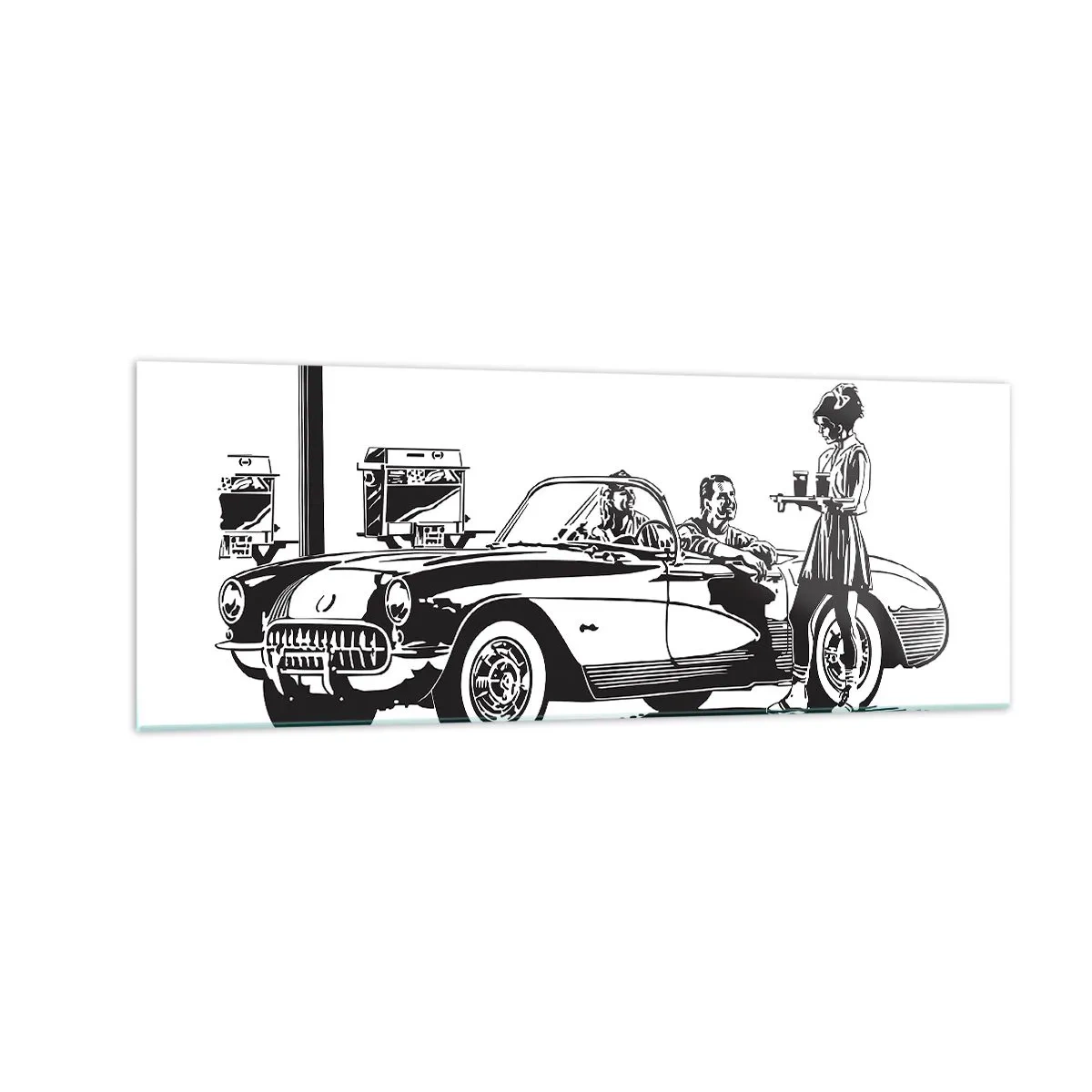 Impression sur verre - Image sur verre - Une scène rétro en noir et blanc avec une voiture et une serveuse en patins à roulettes. - 140x50cm - 60's - Amérique insouciante - Décoration murale moderne pour le salon et la chambre ARTTOR