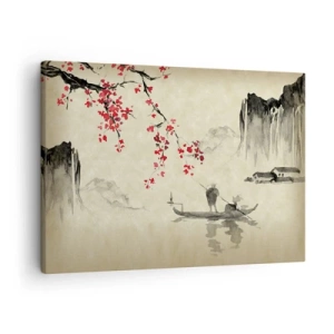 Impression sur toile - Image sur toile - Illustration orientale avec un bateau et une branche fleurie - 70x50cm - Au pays des cerisiers en fleurs - Décoration murale moderne pour le salon et la chambre ARTTOR