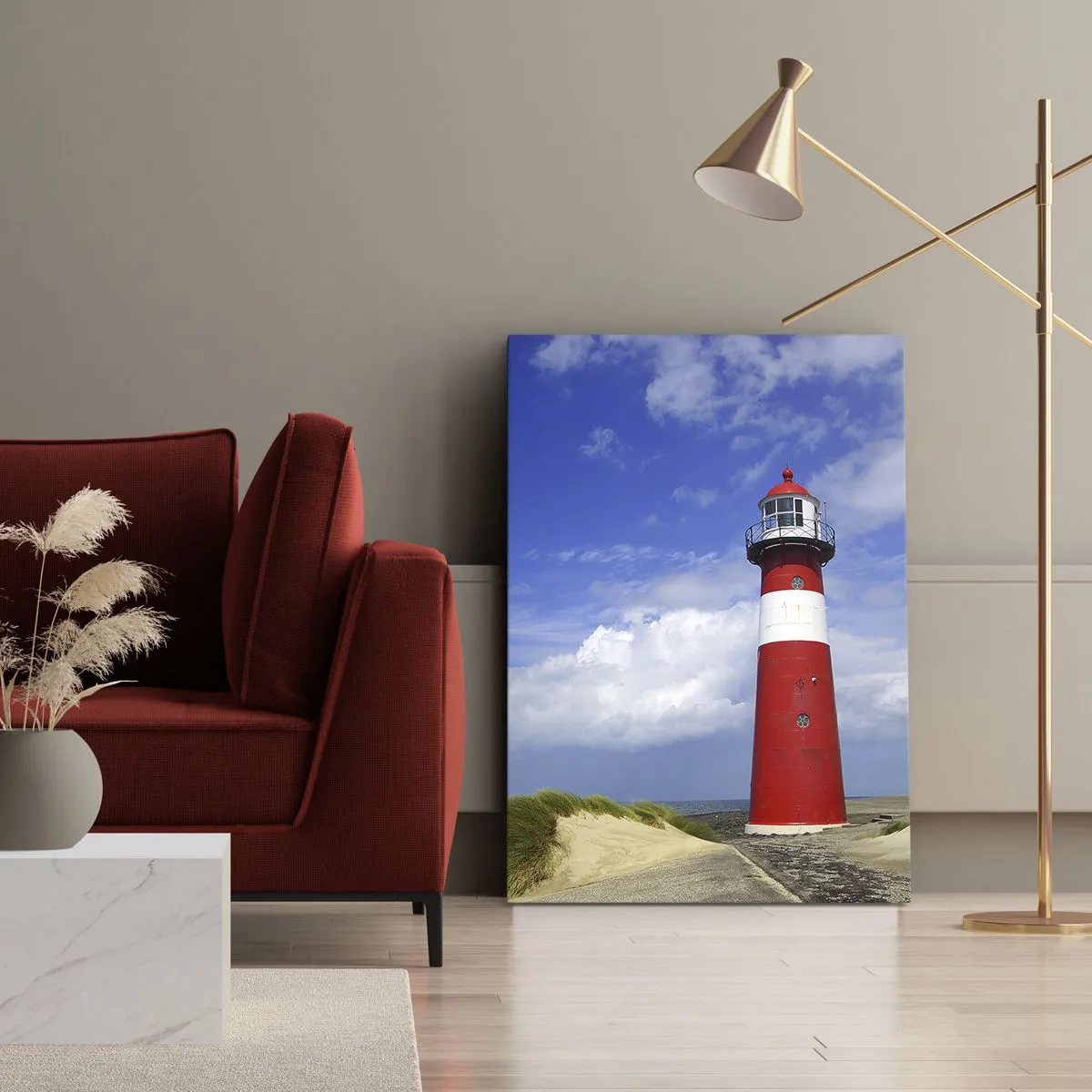 Impression sur toile - Image sur toile - Phare rouge sur la plage sous un ciel bleu - 70x100cm - Rêve de solitude - Décoration murale moderne pour le salon et la chambre ARTTOR