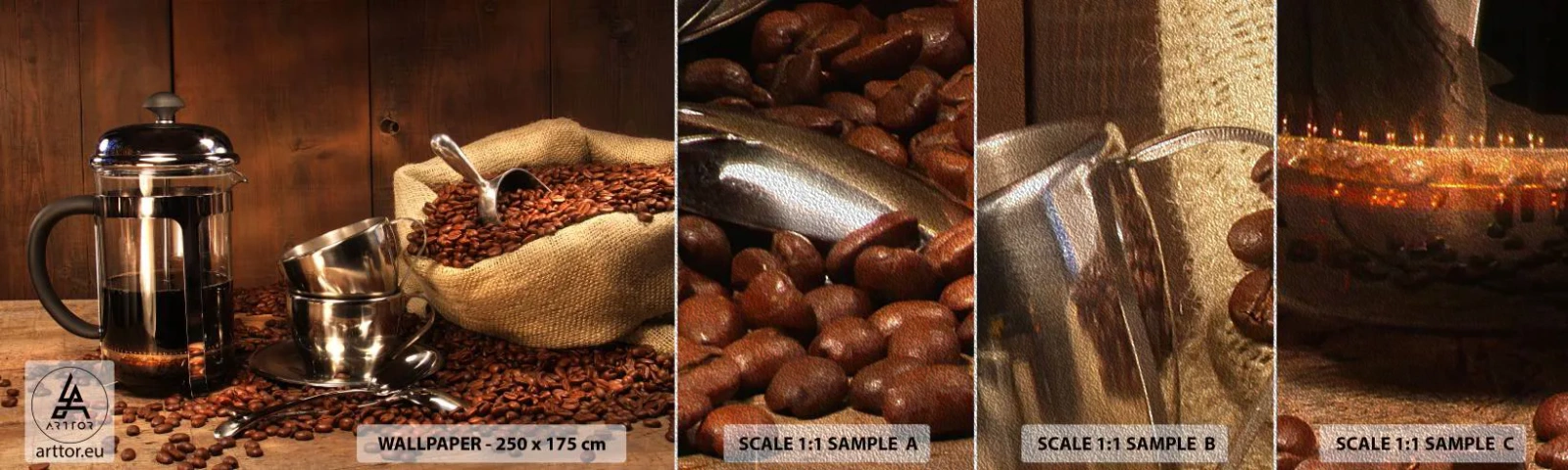Échantillon de Papier Peint Premium Sand - Le charme du café - arôme et goût - La gastronomie, Café, Cafetière - 100x30 cm