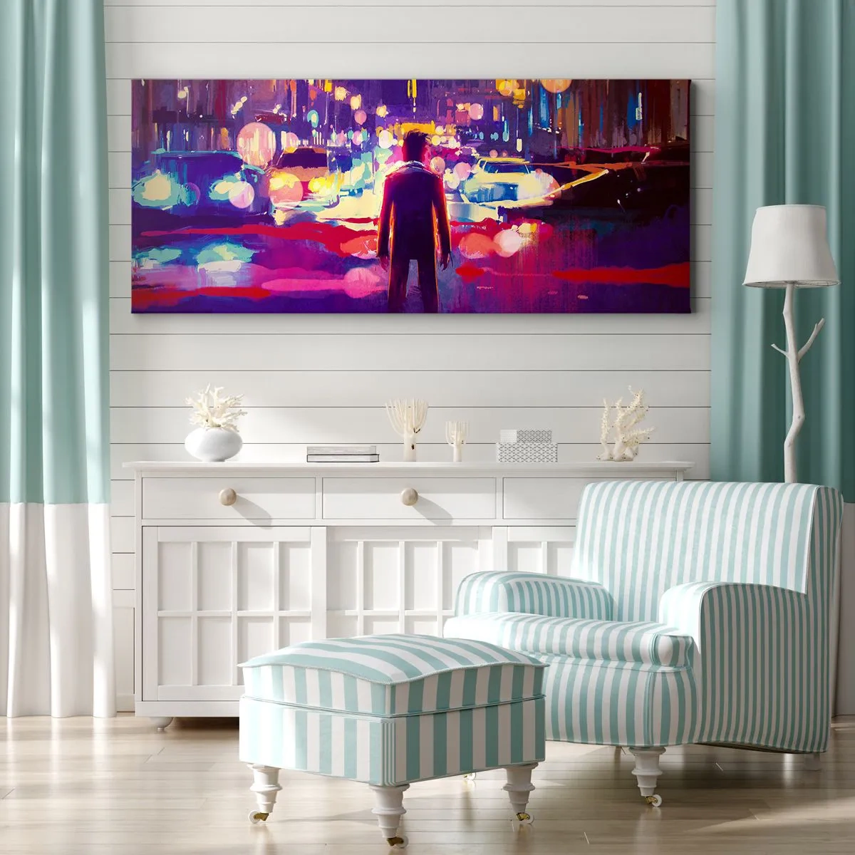 Impression sur toile - Image sur toile - Un homme dans une scène nocturne de ville au néon - 160x50cm - Immergé dans la lumière - Décoration murale moderne pour le salon et la chambre ARTTOR