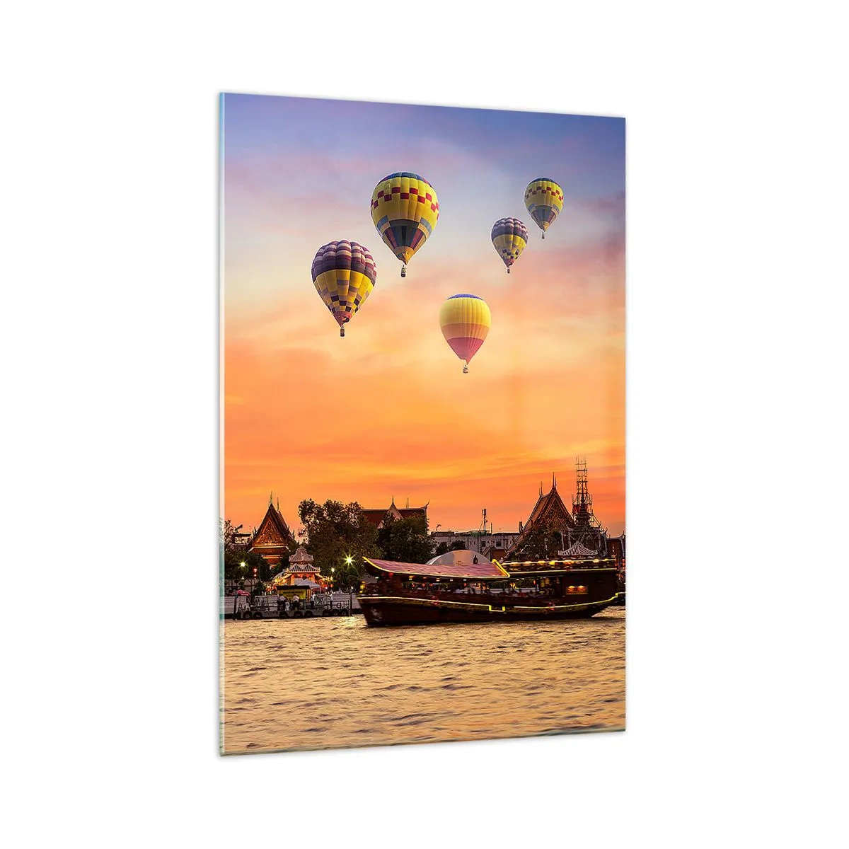 Impression sur verre - Image sur verre - Un temple et des ballons sur fond de soleil couchant sur la rivière - 70x100cm - C'est ici que naissent les contes de fées - Décoration murale moderne pour le salon et la chambre ARTTOR