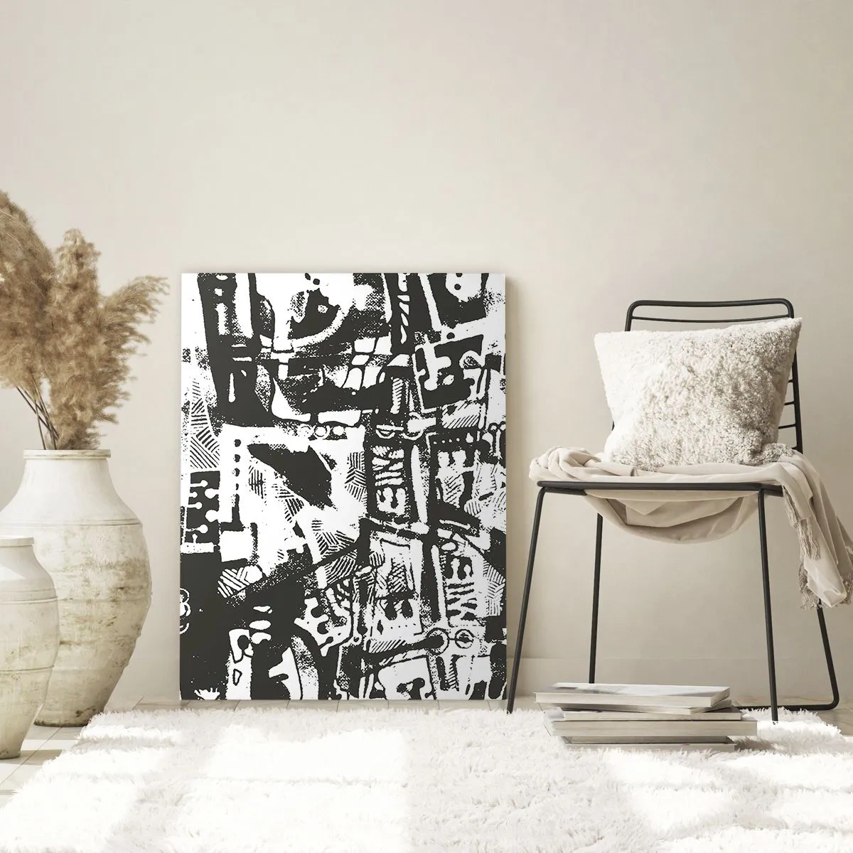 Impression sur verre - Image sur verre - Abstraction en noir et blanc avec des motifs géométriques et techniques - 50x70cm - Ordre ou chaos? - Décoration murale moderne pour le salon et la chambre ARTTOR