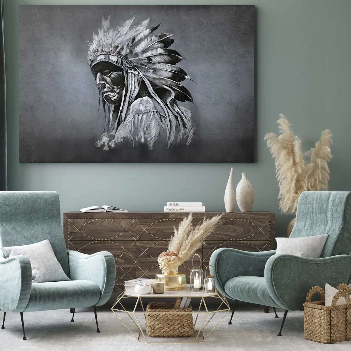 Impression sur toile - Image sur toile - Portrait d'un chef indien portant une coiffe traditionnelle - 120x80cm - Retour aux sources - Décoration murale moderne pour le salon et la chambre ARTTOR