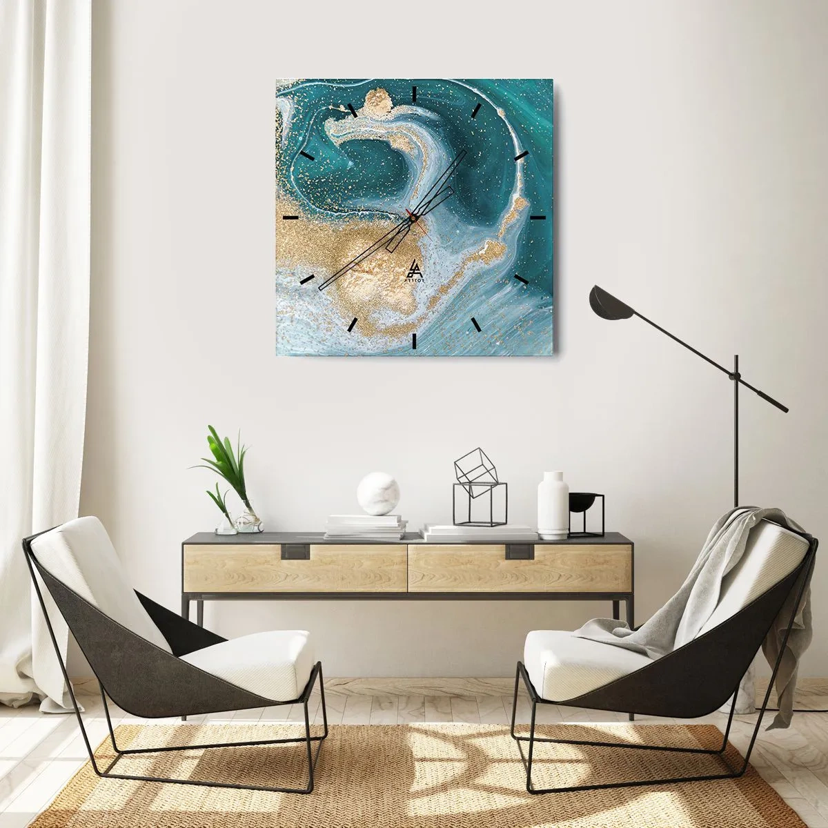 Horloge murale - Pendule murale - Tourbillon d'or et de turquoise - 40x40 cm