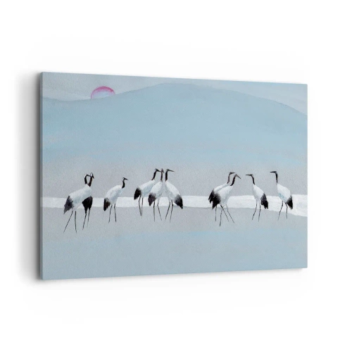 Impression sur toile - Image sur toile - Un groupe de grues contre un ciel bleu et le soleil levant - 120x80cm - Après une chaude journée - Décoration murale moderne pour le salon et la chambre ARTTOR