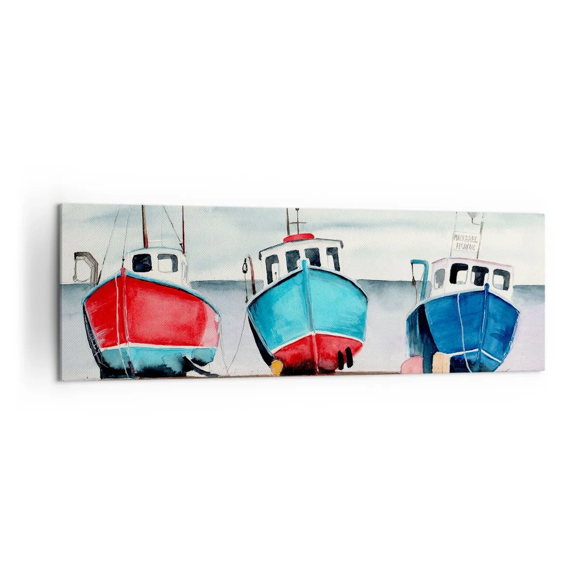 Impression sur toile - Image sur toile - Bateaux de pêche colorés sur le rivage dans un paysage marin - 160x50cm - Prêt pour la pêche - Décoration murale moderne pour le salon et la chambre ARTTOR