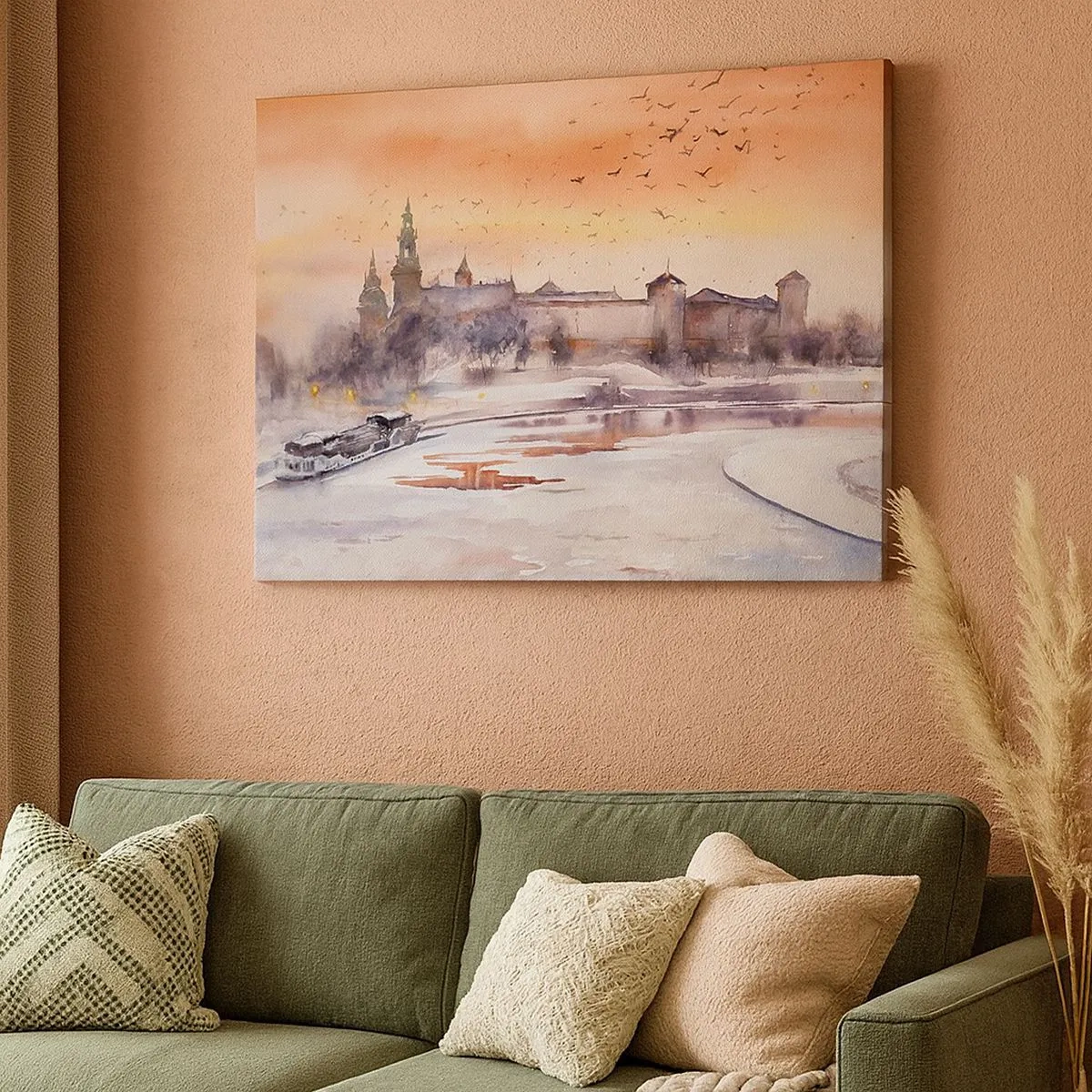 Impression sur toile - Image sur toile - Coucher de soleil sur le château dans un paysage hivernal - 70x50cm - Coucher de soleil royal - Décoration murale moderne pour le salon et la chambre ARTTOR