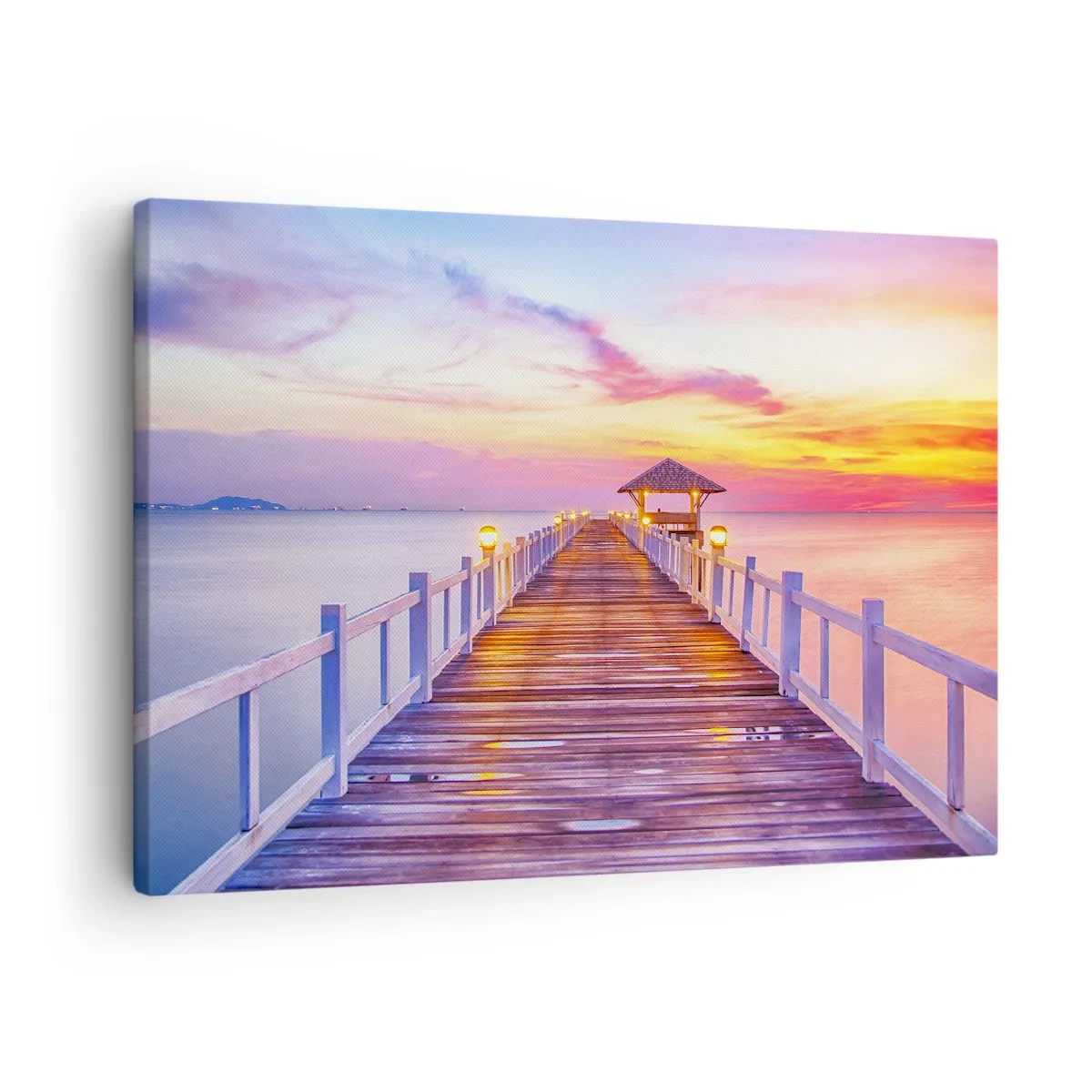 Impression sur toile - Image sur toile - Une jetée sur l'eau au coucher du soleil aux couleurs pastel - 70x50cm - Le silence lilas-doré du soir - Décoration murale moderne pour le salon et la chambre ARTTOR