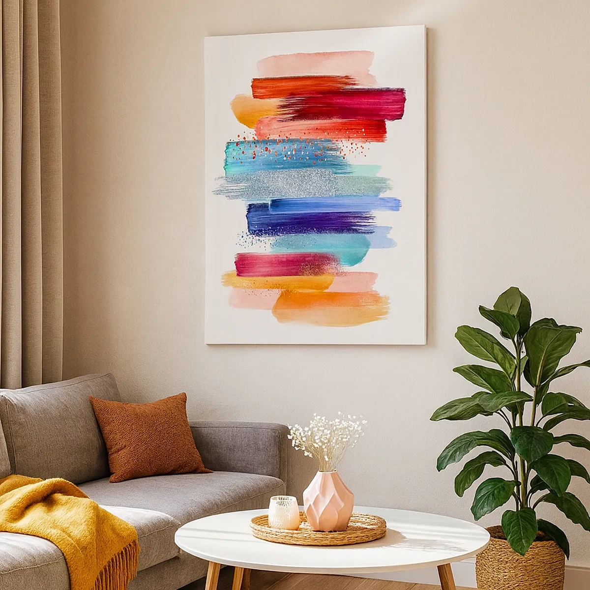 Impression sur toile - Image sur toile - Coups de pinceau colorés sur fond blanc - 50x70cm - En haut et en bas - Décoration murale moderne pour le salon et la chambre ARTTOR