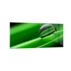 Impression sur verre - Image sur verre - Gros plan d'une goutte de rosée sur une feuille verte - 120x50cm - La vie de près - Décoration murale moderne pour le salon et la chambre ARTTOR