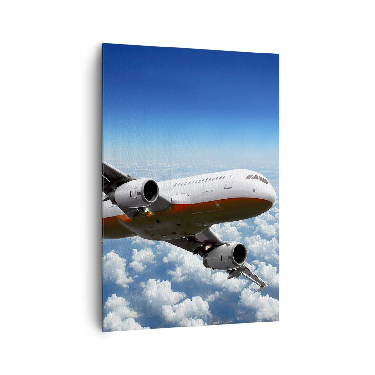 Impression sur toile - Image sur toile - Un avion de ligne volant au-dessus des nuages contre un ciel bleu. - 70x100cm - Éloignez-vous de tout - Décoration murale moderne pour le salon et la chambre ARTTOR
