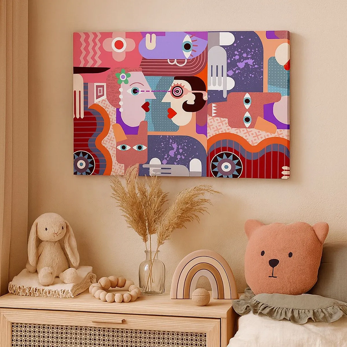 Impression sur toile - Image sur toile - Figures abstraites aux couleurs vives - 70x50cm - Les yeux dans les yeux - Décoration murale moderne pour le salon et la chambre ARTTOR