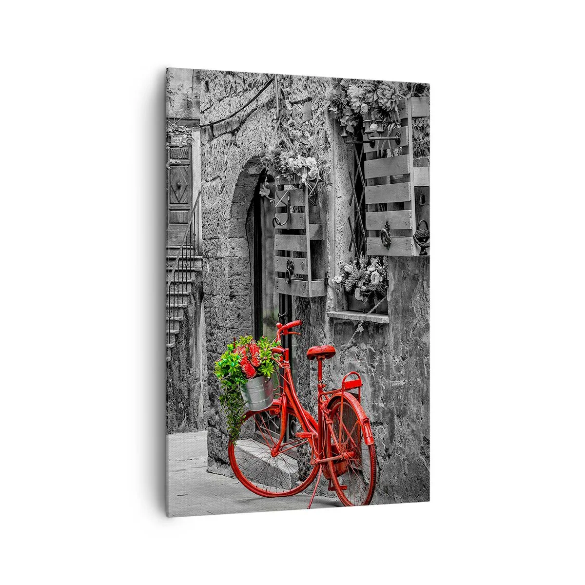 Impression sur toile - Image sur toile - Un vélo rouge dans une rue en noir et blanc - 80x120cm - Ruelle toscane - Décoration murale moderne pour le salon et la chambre ARTTOR