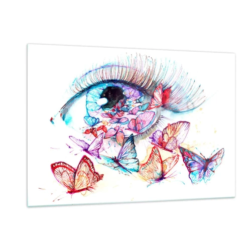 Impression sur verre - Image sur verre - L'œil d'une femme entouré de papillons colorés à l'aquarelle - 120x80cm - Charme des yeux de conte de fées - Décoration murale moderne pour le salon et la chambre ARTTOR
