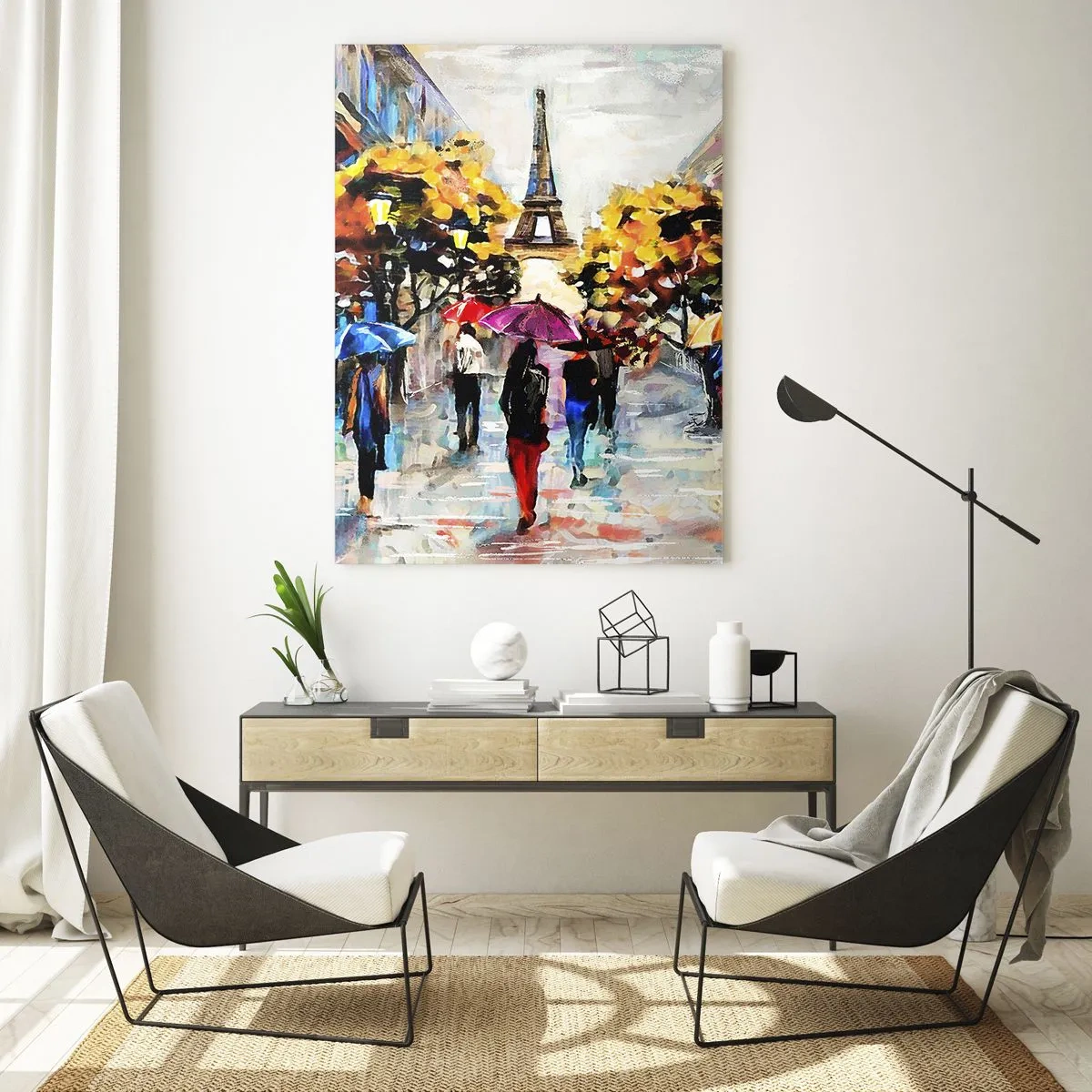 Impression sur verre - Image sur verre - La Tour Eiffel en arrière-plan des gens marchant sous des parapluies colorés - 50x70cm - Particulièrement beau en automne - Décoration murale moderne pour le salon et la chambre ARTTOR