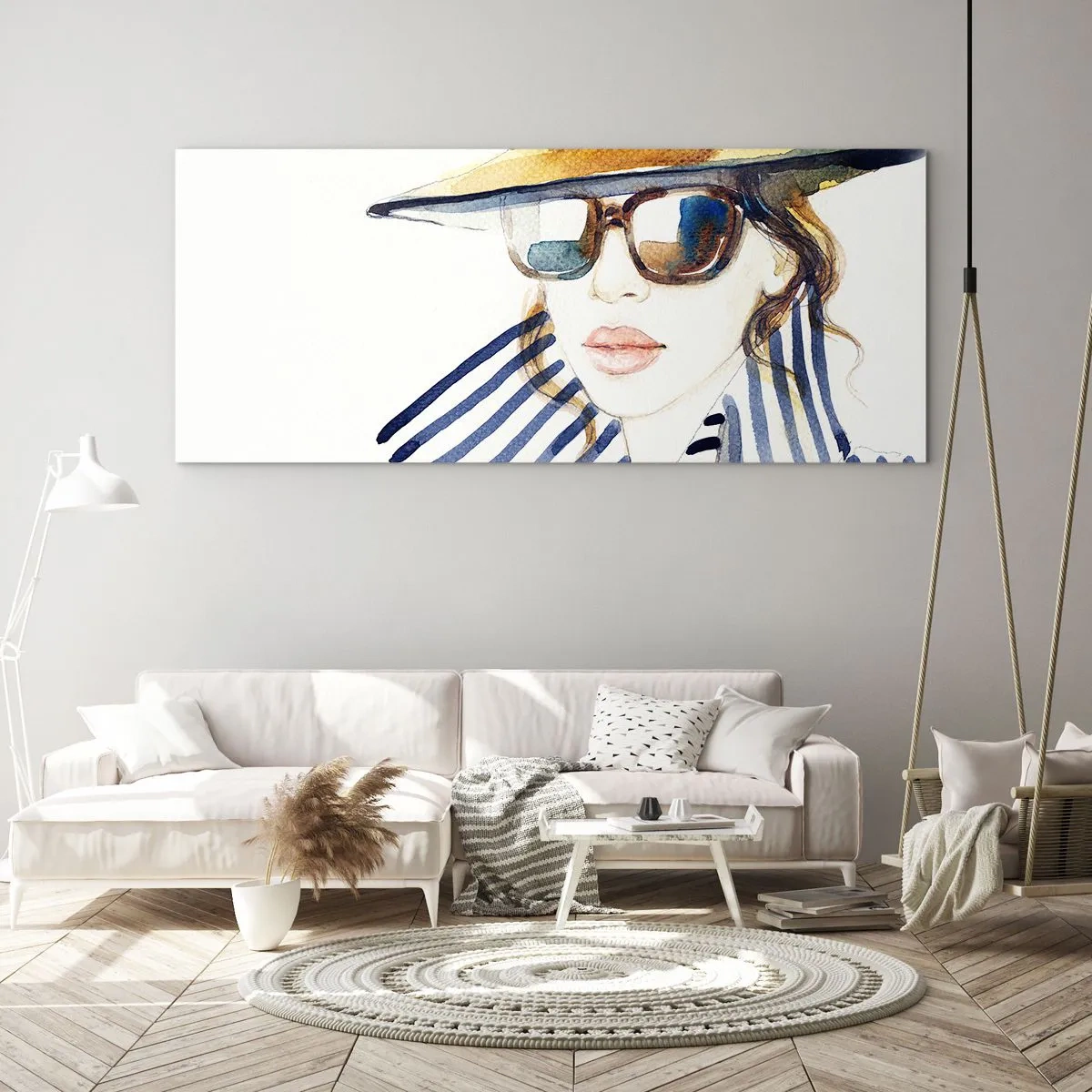 Impression sur verre - Image sur verre - Portrait d'une femme portant un chapeau et des lunettes de soleil - 120x50cm - La Floride vous souhaite la bienvenue ! - Décoration murale moderne pour le salon et la chambre ARTTOR