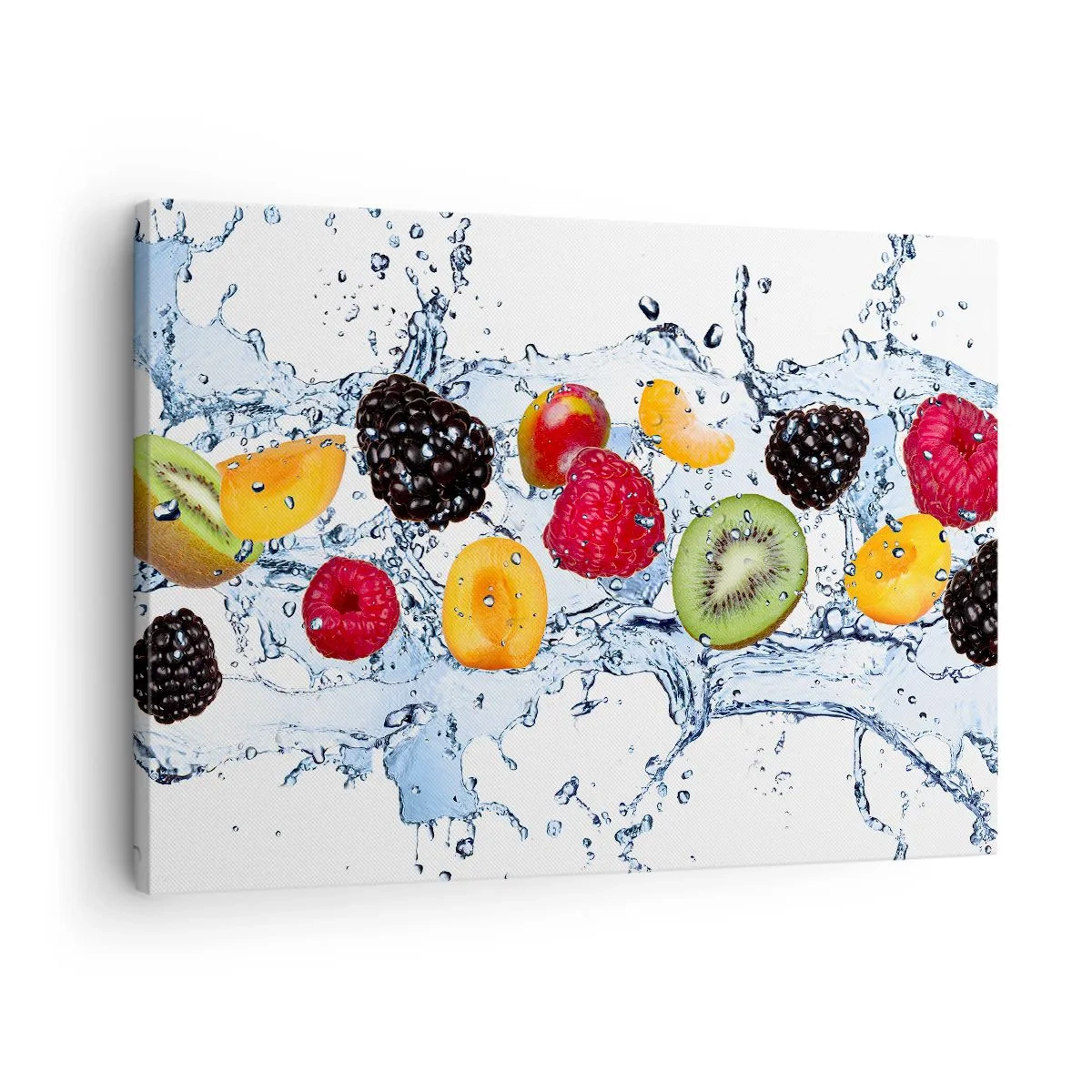 Impression sur toile - Image sur toile - Fruits colorés immergés dans des éclaboussures d'eau sur un fond blanc - 70x50cm - Amusez-vous avec nous - Décoration murale moderne pour le salon et la chambre ARTTOR