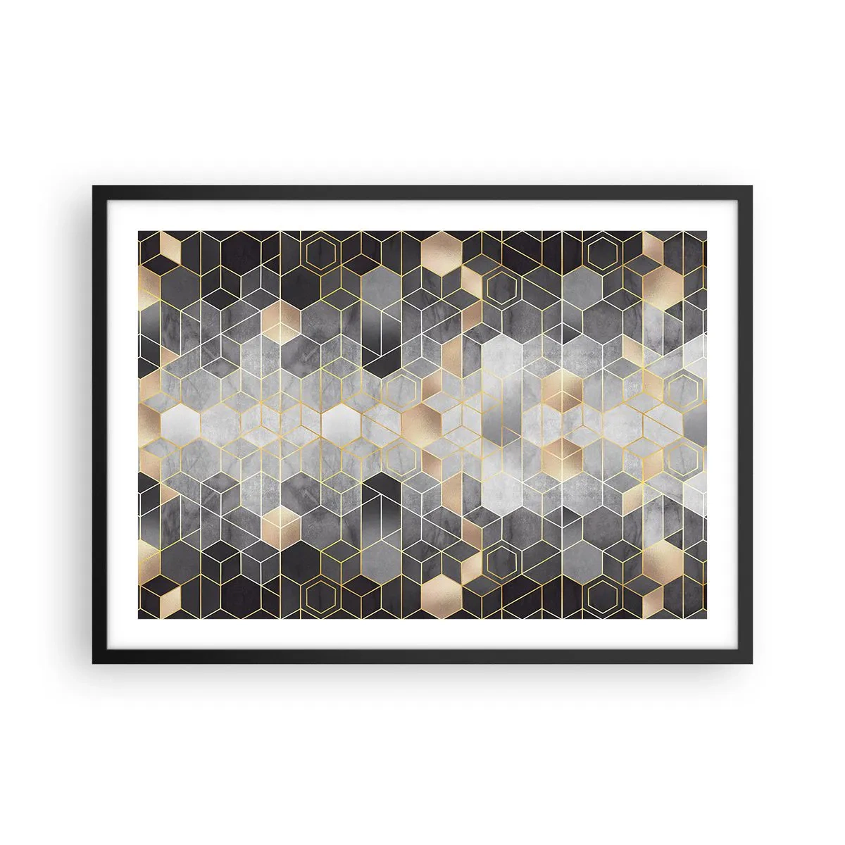 Affiche dans un cadre noir - Poster - Motif géométrique dans des tons dorés - 70x50cm - Composition de diamants - Décoration murale moderne pour le salon et la chambre ARTTOR