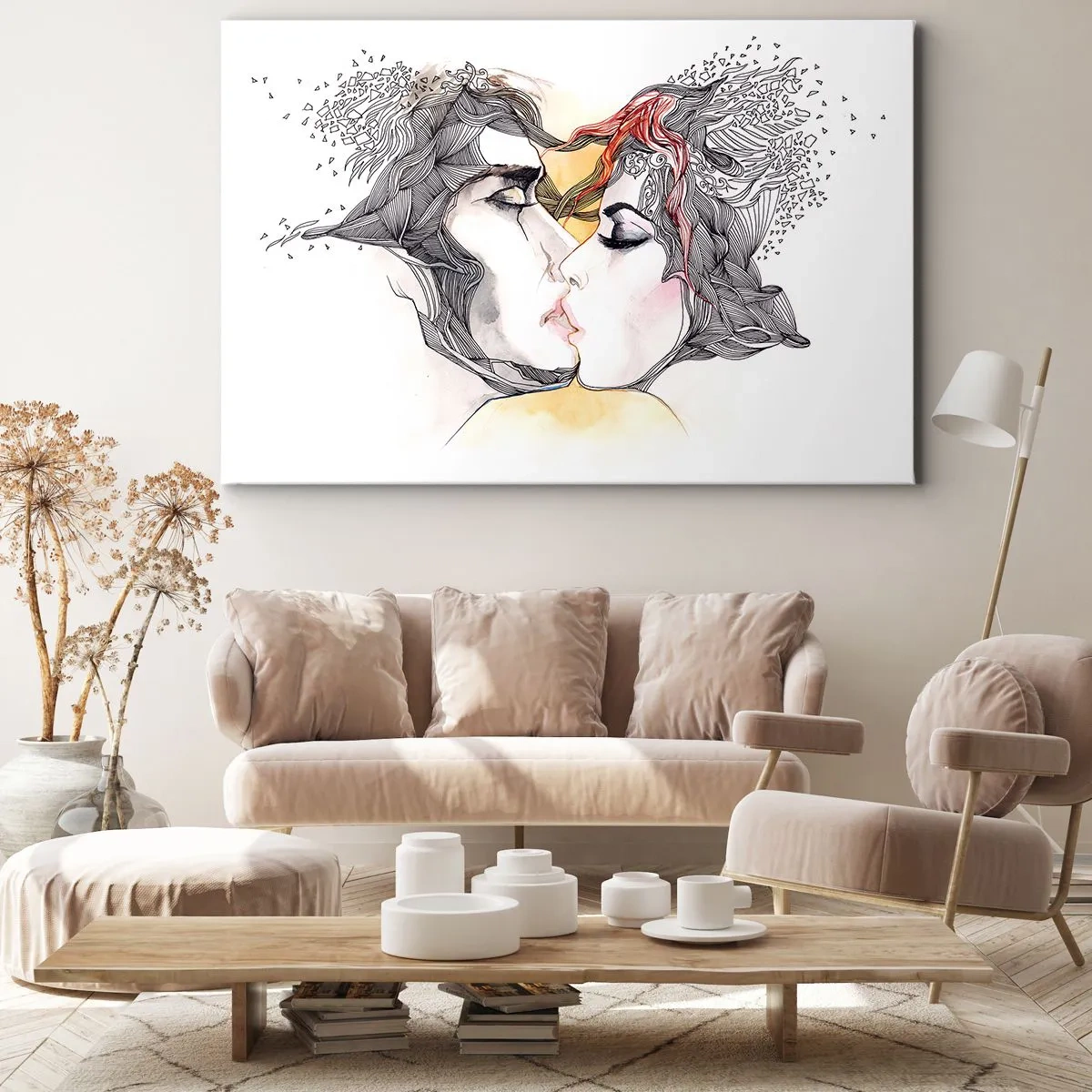 Impression sur toile - Image sur toile - Portrait artistique d'un couple avec des motifs de cheveux abstraits - 70x50cm - Le monde n'existe pas - Décoration murale moderne pour le salon et la chambre ARTTOR