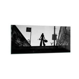 Impression sur verre - Image sur verre - Une figure de femme dans les escaliers en noir et blanc avec une atmosphère dynamique - 120x50cm - Pèlerinage urbain - Décoration murale moderne pour le salon et la chambre ARTTOR